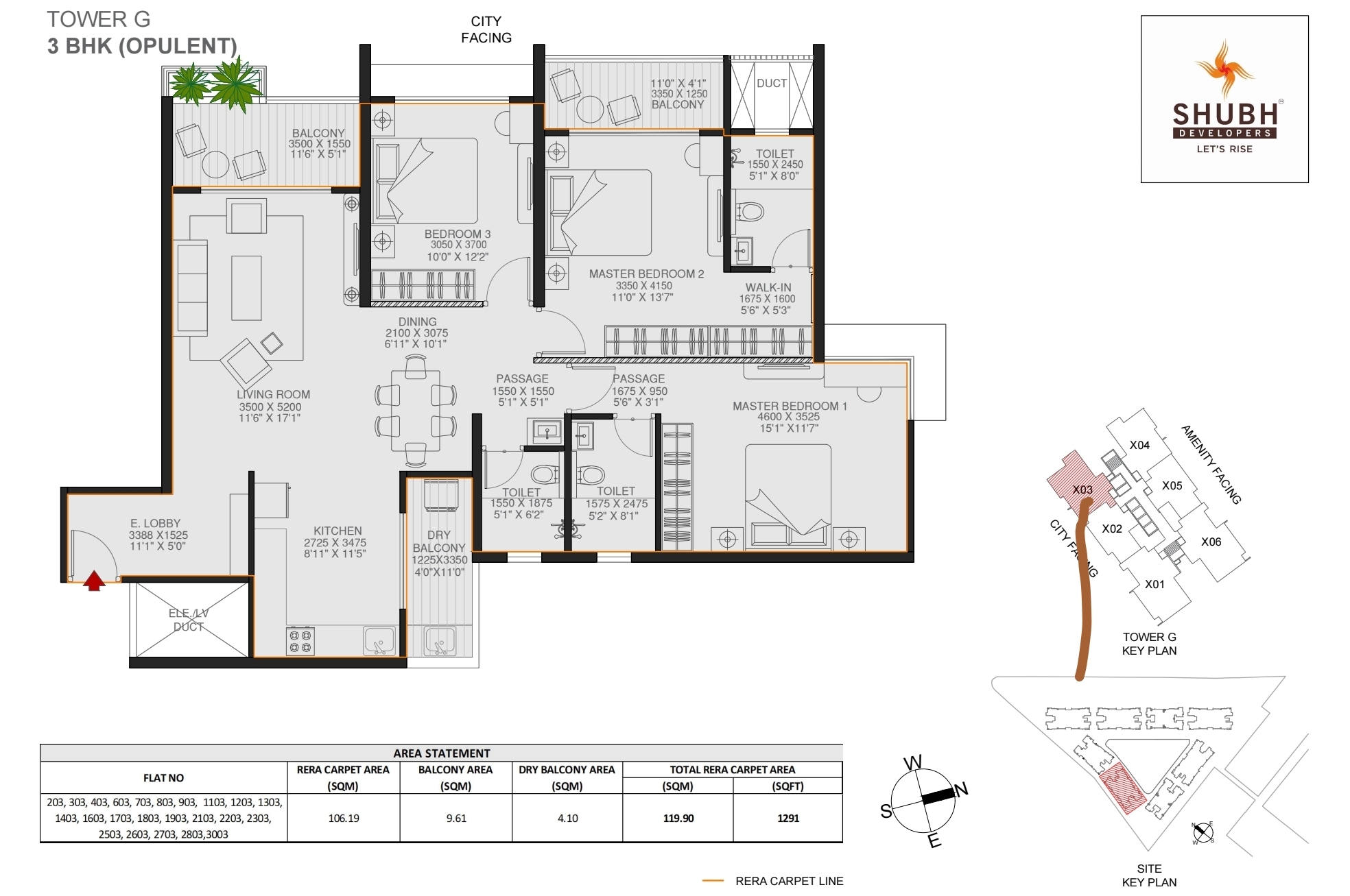 3 BHK 1094 sqft floor plan